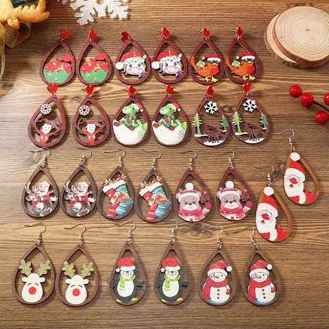 Pendientes Colgantes de Madera de Navidad Poste de Acero Inoxidable Papá Noel Reno Pingüino Joyería para Mujeres