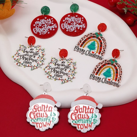 Christmas Acrylic Drop Earrings For Women Colorful Rainbow Santa Claus Pattern Festive Party Stainless Steel Earring Post