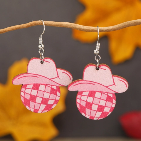 Western Cowboy Theme Wooden Printed Earrings Cow Pattern Hat Boots Disco Ball Smiley Retro Boho Dangle Earrings For Women