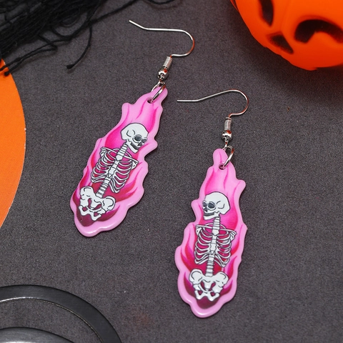 Halloween Acrylic Pink Flame Skeleton Drop Earrings Punk Gothic Skull Bone Dangle Earrings For Women Party Jewelry Gift