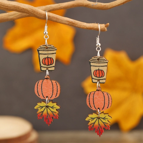 Halloween Wood Maple Leaf Pumpkin Dangle Earrings For Women Autumn Theme Vintage Style Drop Earrings Festival Party Jewelry