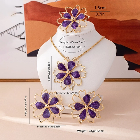 European Style Oversized Hollow Flower Jewelry Set Enamel Textured Floral Necklace Earrings Ring For Women Vintage Gold Alloy Jewelry