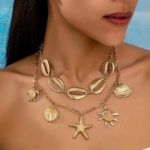 Collana a Strati Dorata Bohémien per Donna Con Ciondolo a Conchiglia Stella Marina Tartaruga Gioielli Moda Spiaggia Estate