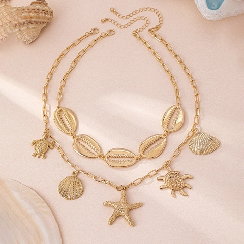 Collana a Strati Dorata Bohémien per Donna Con Ciondolo a Conchiglia Stella Marina Tartaruga Gioielli Moda Spiaggia Estate