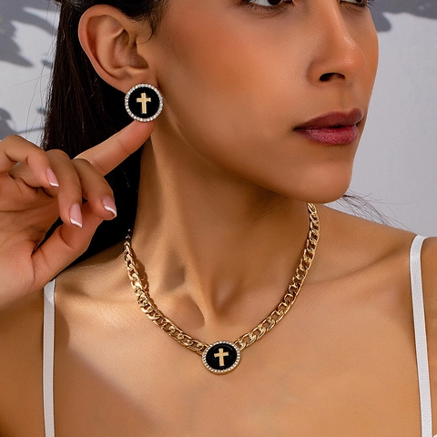 Vintage Alloy Enamel Cross Necklace Earrings Set Gold Plated Cuban Chain Rhinestone Geometric Circle Jewelry Set For Women
