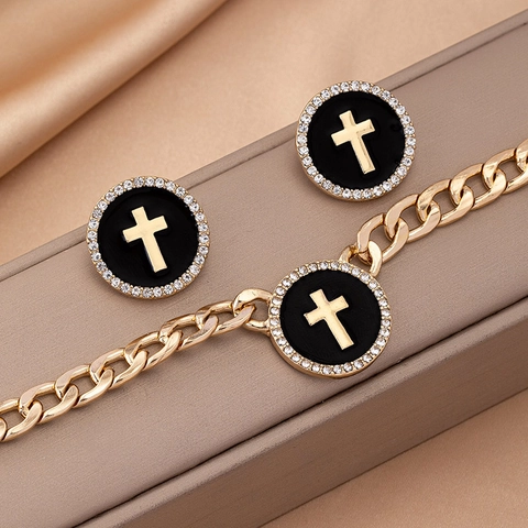 Vintage Alloy Enamel Cross Necklace Earrings Set Gold Plated Cuban Chain Rhinestone Geometric Circle Jewelry Set For Women