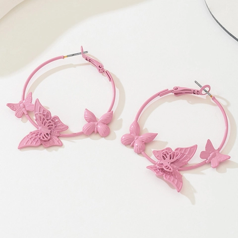 Fashion Pink Butterfly Hoop Earrings For Women Matte Alloy Large Circle Earring With Silver Earring Post Vacation Jewelry Gift