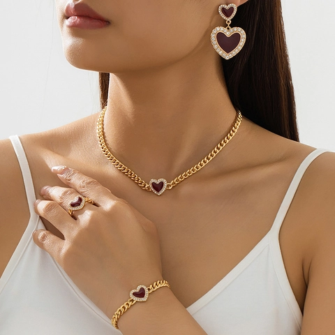 Vintage Gold Plated Alloy Enamel Heart Necklace Bracelet Earrings And Ring For Women Elegant Rhinestone Jewelry Accessories