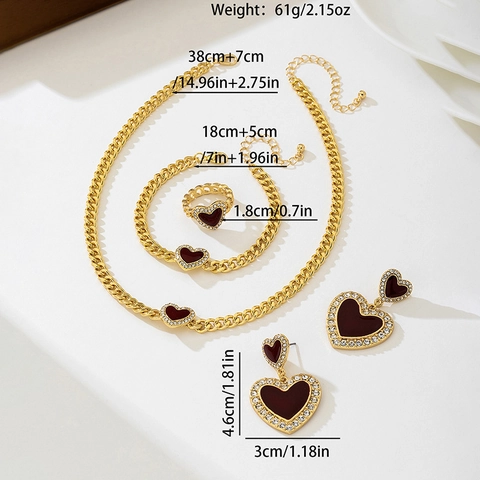 Vintage Gold Plated Alloy Enamel Heart Necklace Bracelet Earrings And Ring For Women Elegant Rhinestone Jewelry Accessories