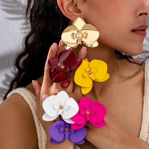 Oversized Alloy Orchid Flower Drop Earrings For Women Colorful Botanical Floral Statement Earrings Fashion Jewelry Gift