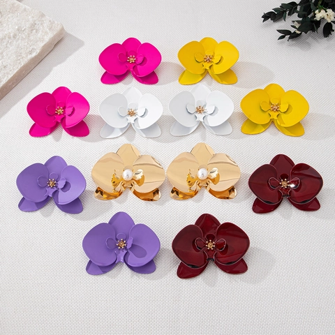 Oversized Alloy Orchid Flower Drop Earrings For Women Colorful Botanical Floral Statement Earrings Fashion Jewelry Gift