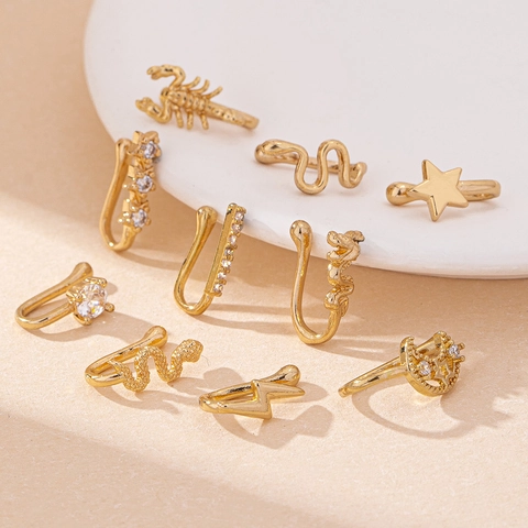 Alloy Rhinestone Fake Nose Ring Clip On Non Piercing Nose Cuff Snake Dragon Scorpion Star Moon Lightning Gold Jewelry