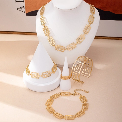 Vintage Alloy Gold Greek Key Jewelry Set For Women Hollow Geometric Necklace Bracelet Ring Bangle Anklet Retro Accessories