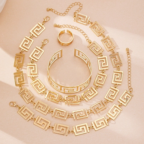 Vintage Alloy Gold Greek Key Jewelry Set For Women Hollow Geometric Necklace Bracelet Ring Bangle Anklet Retro Accessories