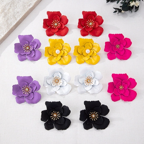Boucles d'Oreilles Clous Fleur 3D Peintes Colorées Haut de Gamme Pour Femmes Bijoux en Alliage Floral Avec Strass