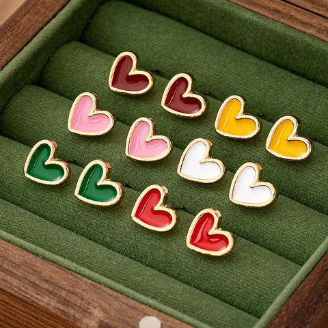 Fashion Alloy Colorful Enamel Heart Stud Earrings For Women Girls Gold Plated Small Sweet Cute Love Jewelry Accessory Gift