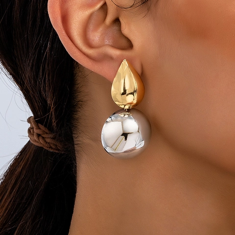Vintage Alloy Geometric Stud Earrings Gold Water Drop And Silver Ball Mixed Metal Mirror Polished Fashion Jewelry For Women