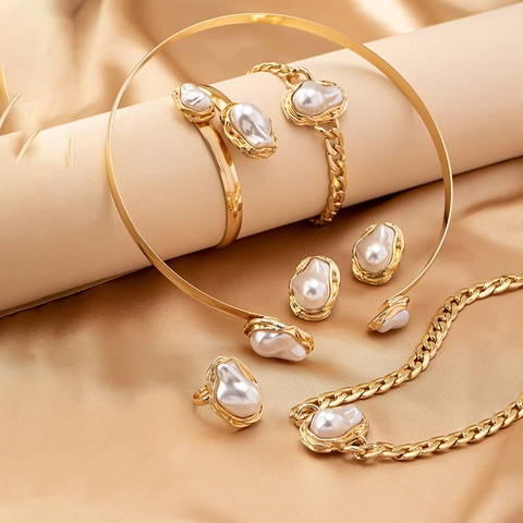 Vintage Baroque Faux Artificial Pearl Jewelry Set Gold Plated Alloy Thick Chain Necklace Choker Bangle Earring Ring For Women Party