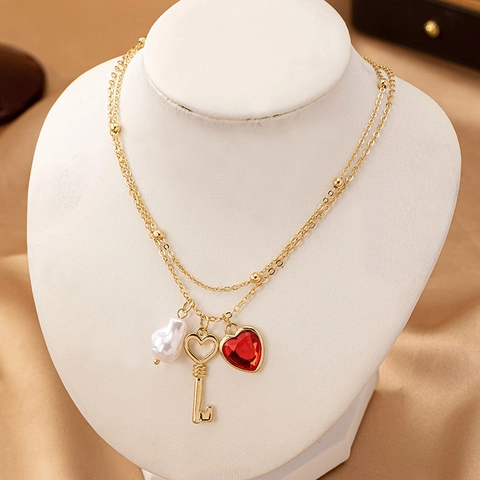 Boheemse Dubbele Gelaagde Ketting Goud Vergulde Legering Hart Sleutel Kunstparel Hanger Dames Sieraden