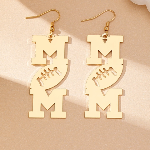 Fashionable Gold Alloy MOM Letter Football Hollow Out Hook Earrings For Women Sporty Style Mother Day Jewelry Gift Accessory