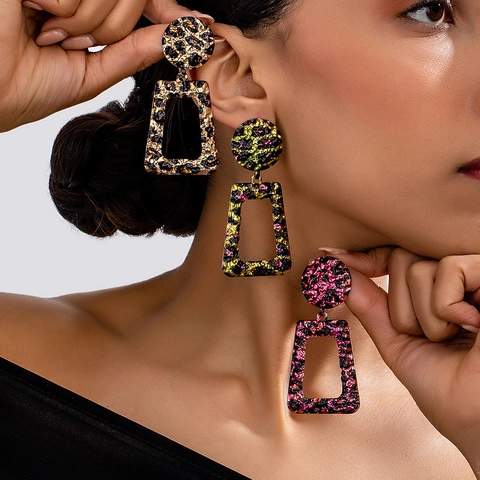Bohemian Vintage Leopard Print Geometric Drop Earrings Hammered Alloy Statement Jewelry For Women Retro Ethnic Dangle Earrings