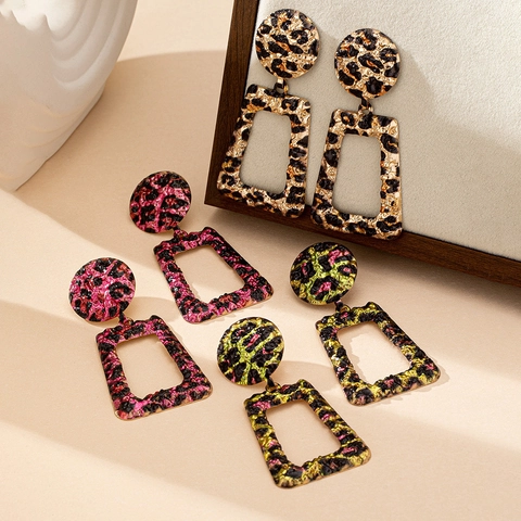 Bohemian Vintage Leopard Print Geometric Drop Earrings Hammered Alloy Statement Jewelry For Women Retro Ethnic Dangle Earrings