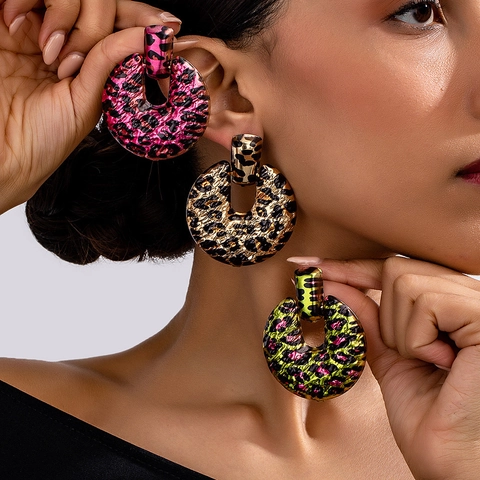 Vintage Leopard Print Geometric Hoop Earrings Alloy Stainless Steel Post Animal Print Large Circle Fashion Stud Earrings Women Jewelry