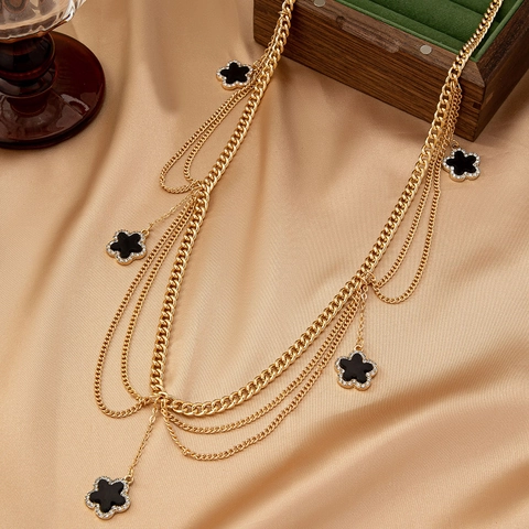 Women Fashion Multi-layer Alloy Waist Chain Gold Tone Black Flower Rhinestone Inlaid Belly Chain Body Jewelry