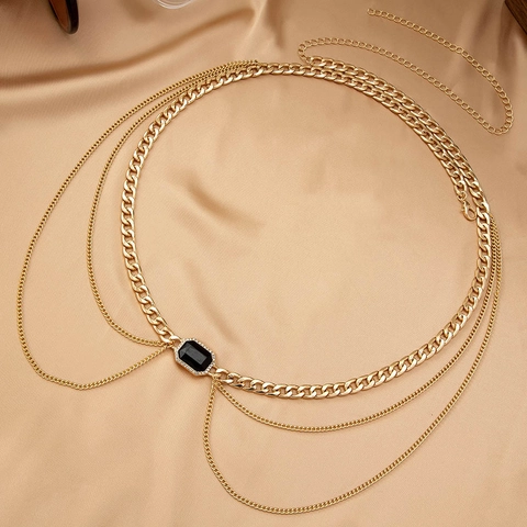 Cadena de Cintura Multicapa Dorado Vintage para Mujer Piedra Negra con Strass Incrustado Joyería Corporal Moda Cinturón Accesorio