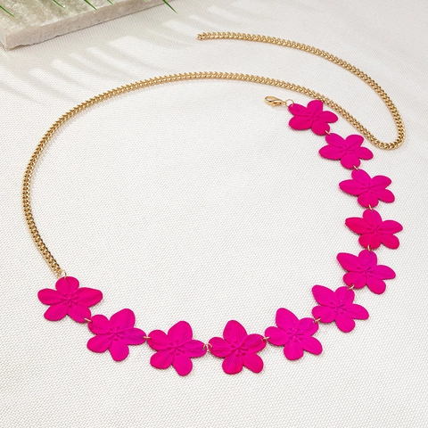Bohemian Alloy Gold Chain Waist Belt with Hot Pink Spray Painted Flower Decoration Elegant Beach Bikini Body Jewelry for Women