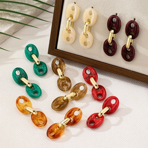 Vintage Marbled Resin Pig Nose Link Dangle Earrings With Earring Post Geometric Gold Alloy Elegant Jewelry For Women