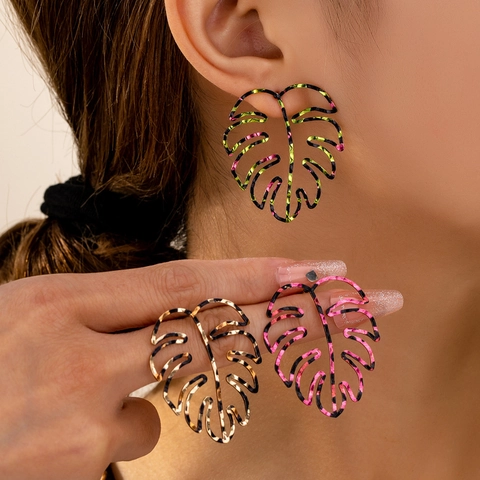 Vintage Monstera Leaf Hollow Alloy Stud Earrings Leopard Print Gold Green Magenta Jewelry Tropical Plant For Women