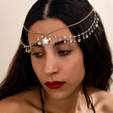 Vintage Bohemian Gold Stirnkette Legierung Schmetterling Strass Kleeblatt Anhänger Exotische Quaste Kopfkette Damen Schmuck
