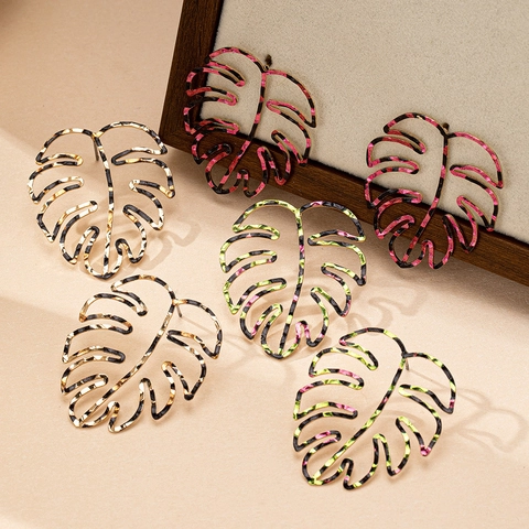 Vintage Monstera Leaf Hollow Alloy Stud Earrings Leopard Print Gold Green Magenta Jewelry Tropical Plant For Women