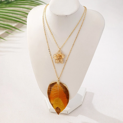 Double Layer Gold Alloy Flower Leaf Pendant Necklace Fashion Vintage Enamel Gradient Nature Inspired Jewelry For Women Party