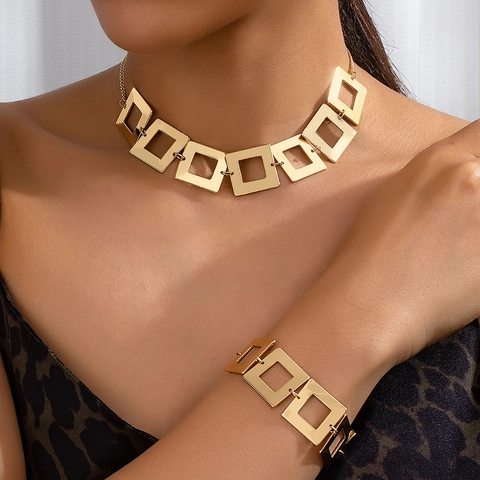 Dúo De Collar Y Pulsera De Metal Con Eslabones Cuadrados Geométricos Estilo Punk Joyas De Aleación Galvanizada Oro