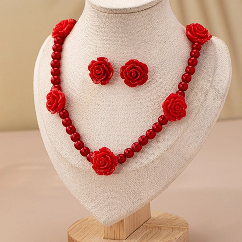 Elegante Rote Rosen Kunstperlen Halskette Ohrringe Schmuck Für Damen Vintage Romantisch Blumen Accessoires Für Party Hochzeit