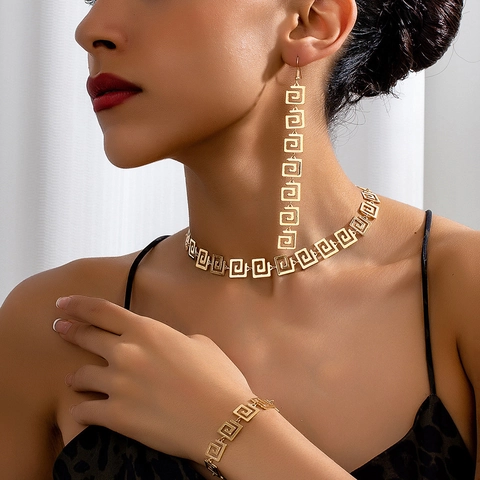 Vintage Alloy Geometric Greek Key Jewelry Set Exaggerated Hollow Meander Necklace Bracelet And Long Drop Earrings For Women
