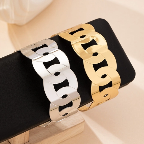 Women Chunky Chain Cuff Bracelet Minimalist Geometric Hollow Open Bangle Gold Silver Plated Alloy Fashion Hand Accessory