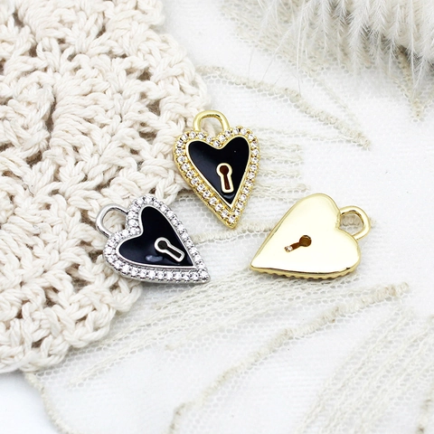 18K Gold Plated Copper Heart Lock Pendant DIY Jewelry Accessories White Shell Rhinestone Inlay Devil Heart Enamel Charm