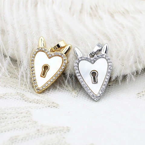 18K Gold Plated Copper Heart Lock Pendant DIY Jewelry Accessories White Shell Rhinestone Inlay Devil Heart Enamel Charm