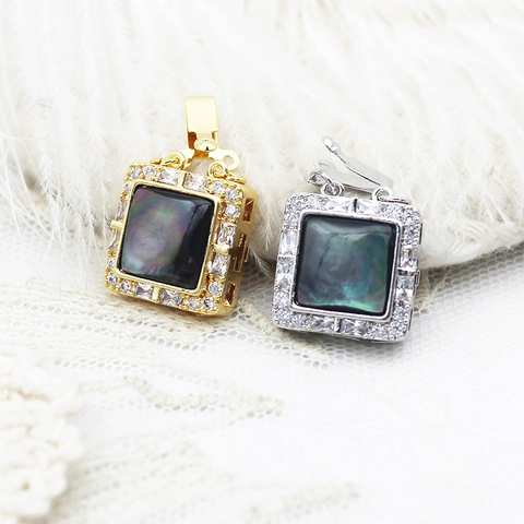 Square Copper Insert Clasp For DIY Jewelry Making 18K Gold Plated Micro Pave Rhinestone Shell Pendants Connectors Findings