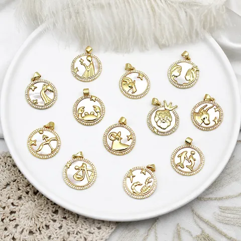 Colgantes de Signos del Zodíaco de Cobre Chapado en Oro Dijes de Doce Constelaciones Redondos Con Incrustaciones de Nácar Blanco Strass para Joyería DIY