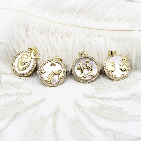 Gold Plated Copper Zodiac Pendants Round Twelve Constellation Charms With White Shell Inlay Rhinestone For DIY Jewelry Making