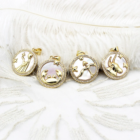 Gold Plated Copper Zodiac Pendants Round Twelve Constellation Charms With White Shell Inlay Rhinestone For DIY Jewelry Making