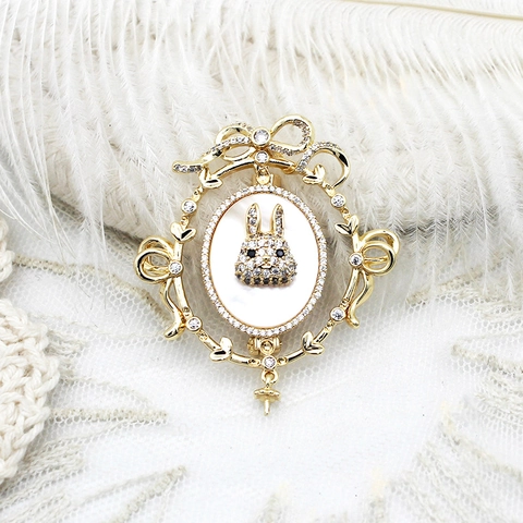 Spilla Vintage in Rame a Cornice di Coniglio Fai-da-te Pendente 18K Oro Zirconia Fiocco Madreperla per Matrimonio Donna