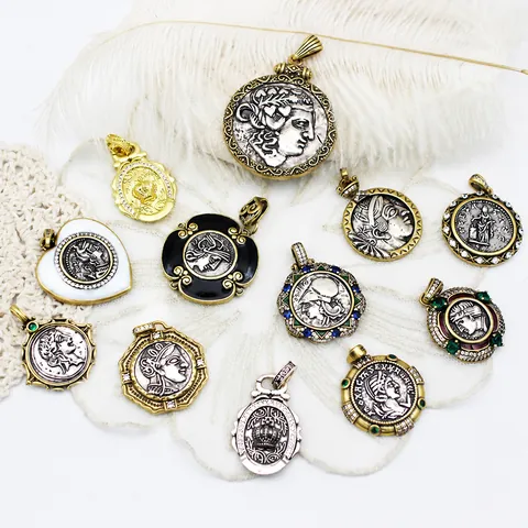 Vintage Copper Coin Portrait Goddess Pendant For DIY Jewelry Making Antique Gold Silver Relief Rhinestone Enamel Pendant For Women