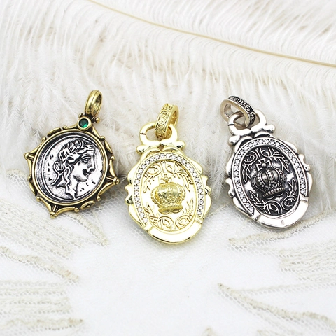 Vintage Copper Coin Portrait Goddess Pendant For DIY Jewelry Making Antique Gold Silver Relief Rhinestone Enamel Pendant For Women