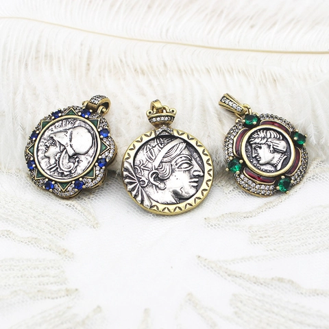 Vintage Copper Coin Portrait Goddess Pendant For DIY Jewelry Making Antique Gold Silver Relief Rhinestone Enamel Pendant For Women