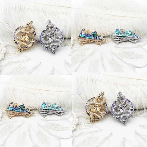 18K Gold Plated Copper Dragon Landscape Brooch With Abalone Shell Artificial Pearl Rhinestone Elegant Chinese Jewelry Gift